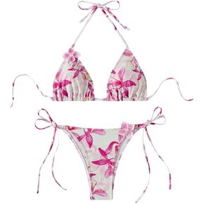 Women's 2 Piece Floral Bikini Set Cheeky Triangle Thong Bikini High Cut Swimsuit Tie Halter Bathing Suit Beach Wear