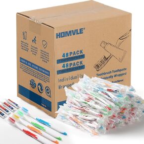 HOMVLE 48 Packs Disposable Toothbrushes with Toothpaste, Individually Wrapped Buld Toothbrush and Toothpaste Buld for Travel Size Toiletries, OCC, Airbnb, Dentist, Office/4 Colorful