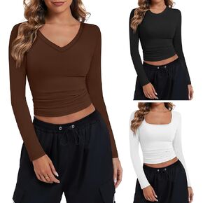 Riyiper 3 Pack Women's Long Sleeve Crop Tops Y2k Slim Fit Square Crew V Neck Shirts Casual Basics Layering