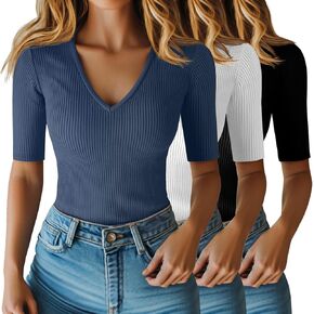 Riyiper 3 Pack Women's Half Sleeve Top Elbow Length Ribbed Cotton T Shirt Women V Neck Summer Tee Slim Fit Casual Blouses
