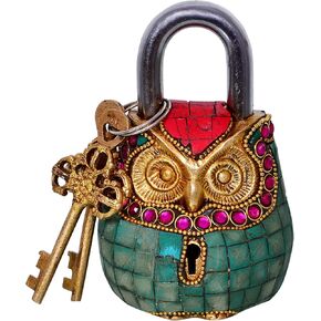 Purpledip Owl Shape Brass Lock Padlock: Handmade Antique Design with Colorful Gemstone Work; Unique Collectible Combination of Style & Security (10684)