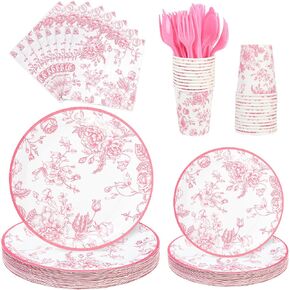 175Pcs Pink Floral Paper Plates and Napkins 25 Guests Pink White Toile Chinoiserie Party Supplies Set Include Plates Napkins Cups Spoons Forks Knives for Christmas Birthday Wedding (175, Pink Floral)