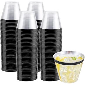 WELLIFE 120 PCS New Year Black Plastic Cups, 9 oz Clear Disposable Cups with Black Rim, Old Fashioned Tumblers Black Rimmed Plastic Cups for Party Decorations