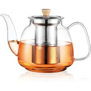 CNGLASS Glass Teapot with Infuser(37.5oz),Clear Glass Tea Kettle with Removable Stainless Steel Strainer,Stovetop Safe Glass Teapot for Blooming and Loose Leaf Tea