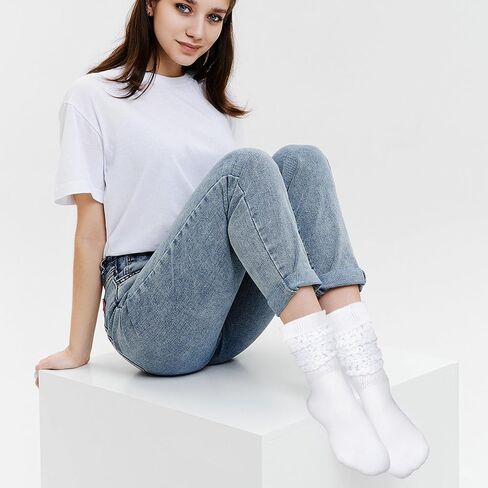 4Pairs Women's Slouch Socks Cotton Scrunch Socks Extra Long Stacked Socks Heavy Knitted Boot Sock Size 9 to 11 (White) in Saudi Arabia