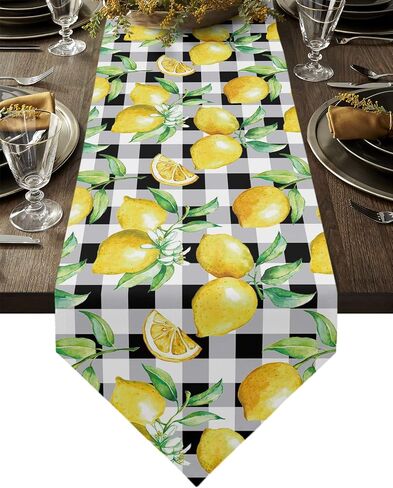 Linen Burlap Table Runner Spring Farmhouse Dresser Scarves, Yellow Lemon on Buffalo Plaid Table Runners for Family Dinner/Holiday Party/Events/Kitchen Dining Coffee Indoor Party, Black White 13x120In in Kuwait