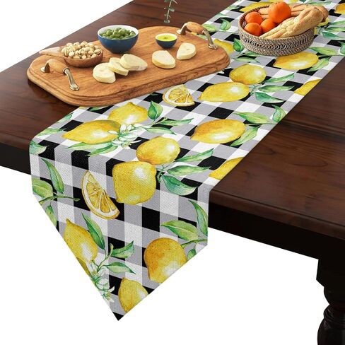 Linen Burlap Table Runner Spring Farmhouse Dresser Scarves, Yellow Lemon on Buffalo Plaid Table Runners for Family Dinner/Holiday Party/Events/Kitchen Dining Coffee Indoor Party, Black White 13x120In in Kuwait