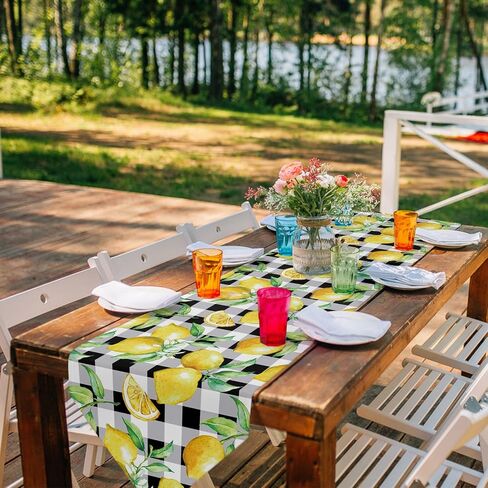 Linen Burlap Table Runner Spring Farmhouse Dresser Scarves, Yellow Lemon on Buffalo Plaid Table Runners for Family Dinner/Holiday Party/Events/Kitchen Dining Coffee Indoor Party, Black White 13x120In in Kuwait