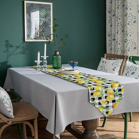 Linen Burlap Table Runner Spring Farmhouse Dresser Scarves, Yellow Lemon on Buffalo Plaid Table Runners for Family Dinner/Holiday Party/Events/Kitchen Dining Coffee Indoor Party, Black White 13x120In in Kuwait