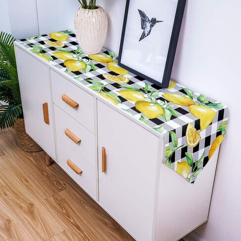 Linen Burlap Table Runner Spring Farmhouse Dresser Scarves, Yellow Lemon on Buffalo Plaid Table Runners for Family Dinner/Holiday Party/Events/Kitchen Dining Coffee Indoor Party, Black White 13x120In in Kuwait