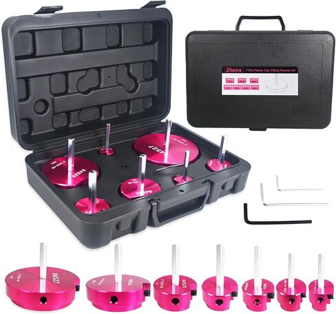 7Pcs Plastic Pipe Fitting Reamer Kit, PVC Fitting/Socket Saver Kit Includes 3/4 Inch, 1 Inch, 1-1/4 Inch, 1-1/2 Inch, 2 Inch, 3 Inch, 4 Inch heads and Tool box. Fit into standard 1/2" drills in Kuwait