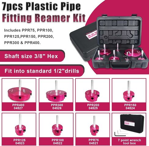 7Pcs Plastic Pipe Fitting Reamer Kit, PVC Fitting/Socket Saver Kit Includes 3/4 Inch, 1 Inch, 1-1/4 Inch, 1-1/2 Inch, 2 Inch, 3 Inch, 4 Inch heads and Tool box. Fit into standard 1/2" drills in Kuwait