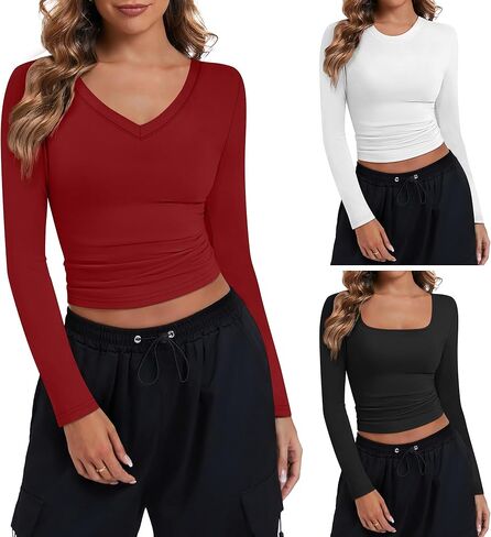 Riyiper 3 Pack Women's Long Sleeve Crop Tops Y2k Slim Fit Square Crew V Neck Shirts Casual Basics Layering in Kuwait