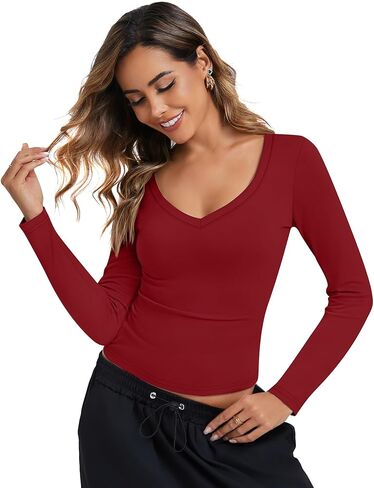 Riyiper 3 Pack Women's Long Sleeve Crop Tops Y2k Slim Fit Square Crew V Neck Shirts Casual Basics Layering in Kuwait