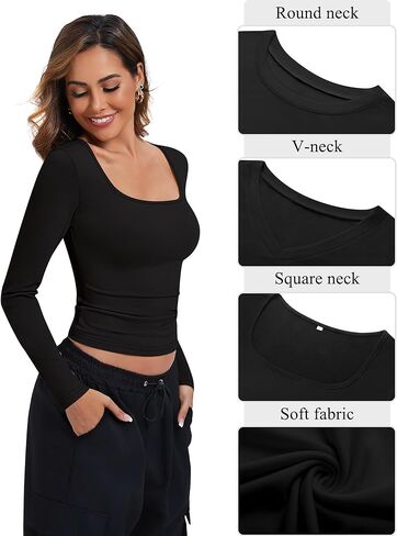 Riyiper 3 Pack Women's Long Sleeve Crop Tops Y2k Slim Fit Square Crew V Neck Shirts Casual Basics Layering in Kuwait