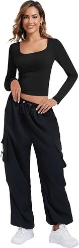 Riyiper 3 Pack Women's Long Sleeve Crop Tops Y2k Slim Fit Square Crew V Neck Shirts Casual Basics Layering in Kuwait