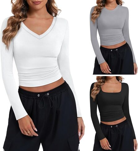Riyiper 3 Pack Women's Long Sleeve Crop Tops Y2k Slim Fit Square Crew V Neck Shirts Casual Basics Layering in Saudi Arabia