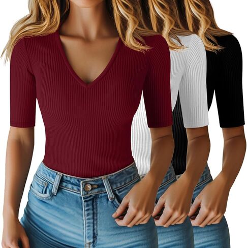 Riyiper 3 Pack Women's Half Sleeve Top Elbow Length Ribbed Cotton T Shirt Women V Neck Summer Tee Slim Fit Casual Blouses in Kuwait