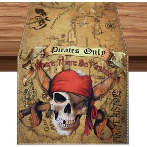 Linen Pirate Halloween Table Runner Pirate Treasure Pirate Party Decorations and Supplies for Home Kitchen Dining Room Table (13 X 72 Inch)