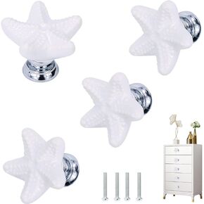 Starfish Drawer Knobs Coastal Kitchen Cabinet Knos Beach Themeb Knob Ceramic Dresser Pulls and Handles for Dresser Cupboard Wardrobe Cabinet Handle (White)