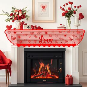 Romantic Valentine's Day Mantle Scarf 88.6 x 17.7 Inch Red Lace Love Heart Fireplace Mantel Cover Decorative Table Runner for Wedding Anniversary Party Living Room Home Decor Style A
