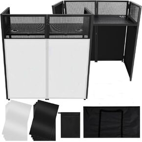 Portable DJ Facade Booth, 40"L x 20"W DJ Facade Table with Black and White Lighting Scrims, Foldable DJ Table Station Black Metal Frame DJ Table with Adjustable Feet
