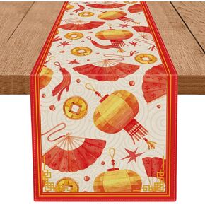 Chinese New Year Decorations 2025 Table Runner Lantern Copper Coins Spring Festival Home Party Kitchen Dining Table Decor 13x36 Inch