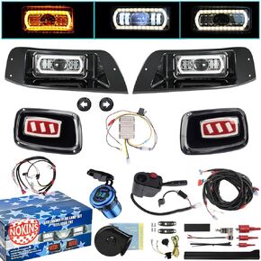 NOKINS Deluxe Plus LED Light Kit Fit EZGO TXT 1996-2013 Gas and Electric Golf Cart 20A DC Converter USB Charging Socket Low/High Beam DRL Delay Relay Brake Switch