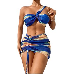 Milumia Women's 3 Pcs Tie Dye One Shoulder Ruched Bikini Set with Beach Skirt