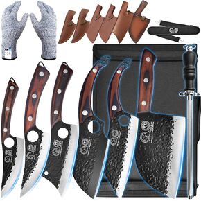 XYJ FULL TANG Camping Knives Set Chinese Butcher Vegetable Chef Knives Slice Boning Knives With Leather Sleeves&Roll Bag&Kitchen Tools