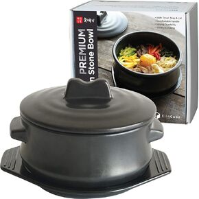 Premium Korean Stone Bowl with Lid & Platter, Clay Pot for Cooking Hot Pot Dolsot Bibimbap and Soup Cookware