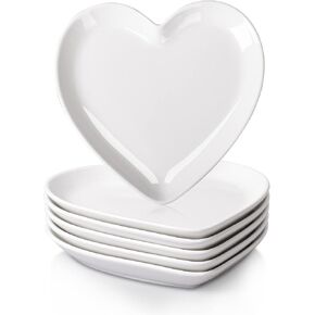 DELLING Heart Shaped Dessert Salad Plates- 6 Pack, 7.3 Inch Ceramic White Dinner Plates, Heart Dishes for Dessert, Appetizer, Steak, Snacks, Microwave & Oven Safe, Thanksgiving & Christmas Day Gifts