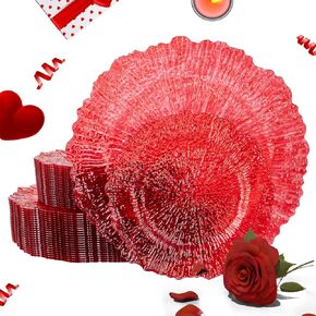 U-QE 60PCS Clear and Red Plastic Plates - Reef Plastic Plates Disposable&Reusable - Clear Red Plates Including 30 Plastic Dinner Plates 10" & 30 Plastic Dessert Plates 7" Perfect for Valentine's Day