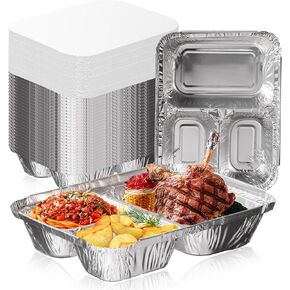 Fit Meal Prep [50 Pack 3 Compartment 8.5 x 6.5 x 1.5 Rectangular Disposable Aluminum Foil Pan Take Out Food Containers with Flat Board Lids, Hot Cold Freezer Oven Safe
