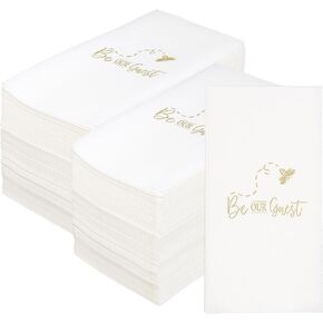 Guest Hand Towels - Disposable Hand Towels with Decorative Be Our Guest Housewarming Message for Bathroom - White Airlaid Paper Hand Towels Singular Signature (Pack of 50 - Be Our Guest Gold)