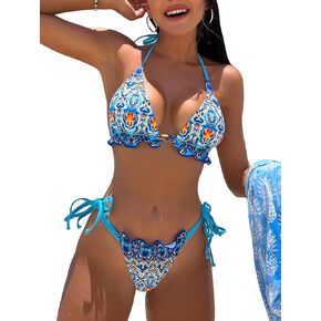 Milumia Women's 2 Piece Tribal Print Halter Triangle Bikini Sets Knot High Cut Swimsuits