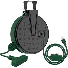 K KASONIC - 30 FT Retractable Extension Cord Reel, UL Listed, 16AWG/3C SJTW Power Cord with 3 Grounded Outlets, Safety Circuit Breaker, Metal Plate, Wall or Ceiling Mount for Workshop, Garage, Green