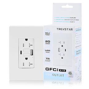GFCI USB Outlet 20 Amp Duplex Wall Receptacle with Built-in USB Type A & Type C Combo with 24W Charging Port for Smartphone, Self-Test, Tamper Resistant, White Wall Plate Cover Included