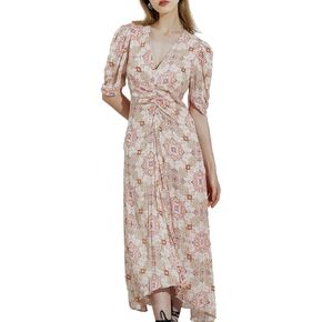 Womens 2025 Summer Midi Dresses Vintage Floral Kaleidoscope Print Short Sleeve V Neck