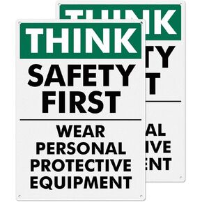 2 Pack Think Safety First Wear Personal Protective Equipment Sign 10×14 Inches Pre-Drilled Holes Waterproof Placard Aluminum Metal Reflective Warning Notice for Construction Factory Workshop