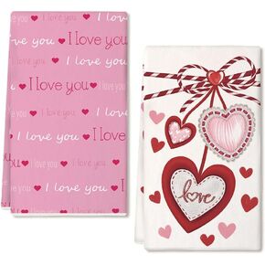 Pink I Love U Valentines Day Kitchen Towels Set of 2,Heart Dish Hand Towels Holiday Anniversary Wedding Seasonal Decorations DD062