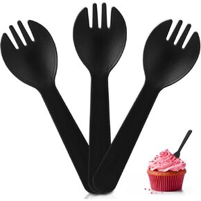100Pcs Mini Disposable Plastic Sporks, 4.2 Inch Individually Wrapped Black Spork - Convenient Small Forks Alternative for Desserts, Yogurt, Ice Cream, Fruit, Salad & Birthday Cake