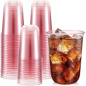 50 Pcs 16oz Disposable Stemless Glasses Crystal Plastic Wine Glasses Clear Classic Pet Cup for Meeting Weddings Birthdays Cocktail Christmas Party Supplies(Pink)