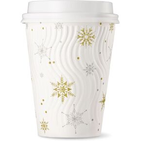 [100 SET]Harvest Pack 12 oz Christmas Coffee Cups, White Snowflake Winter Disposable Paper Cups, Insulated Ripple Wall Paper Cups with Lids, XMAS Gold and Silver Foil, Hot Chocolate To go