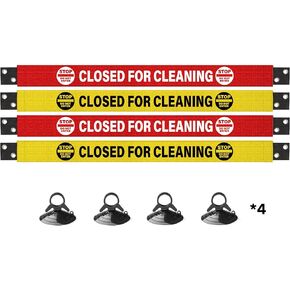 Restroom Closed for Cleaning Warning Signs with Magnetic Ends & Suction Cups, 4 Pack - High Visibility Red & Yellow Keep Door Closed Sign, Do Not Enter Tape for Bathrooms, Restrooms, and Public Spaces, Durable Nylon Janitorial Caution Signs