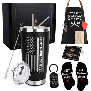 Husband Valentines Day Gifts, 8PCS Valentines Day Gifts for Him Husband Bulk Set Includes Tumbler Straw Apron Socks Key Chain, Best Husband Ever Gifts from Wife for Anniversary Birthday Christmas