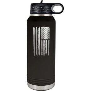 Palm City Products 32 oz Black Distressed USA Flag Bottle - Insulated Double-Wall Patriotic Stainless Steel Tumbler with Flip-Top Lid - Durable Outdoor Adventure Hydration Gear