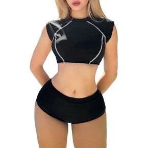 SweatyRocks Women's 2 Piece Bikini Set High Neck Short Sleeve Sporty Swimsuit Bathing Suit