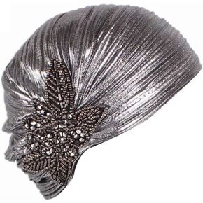 Women's Beaded Flower Ruffle Turban Hat Glitter Twist Pleated Hair Wrap Stretch Turban Silver