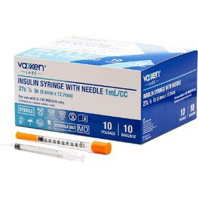 Vaxxen Labs U -100 الأنسولين محقنة - 1 مل/1cc - 27g × 1/2 "(13 مم) - مربع 100